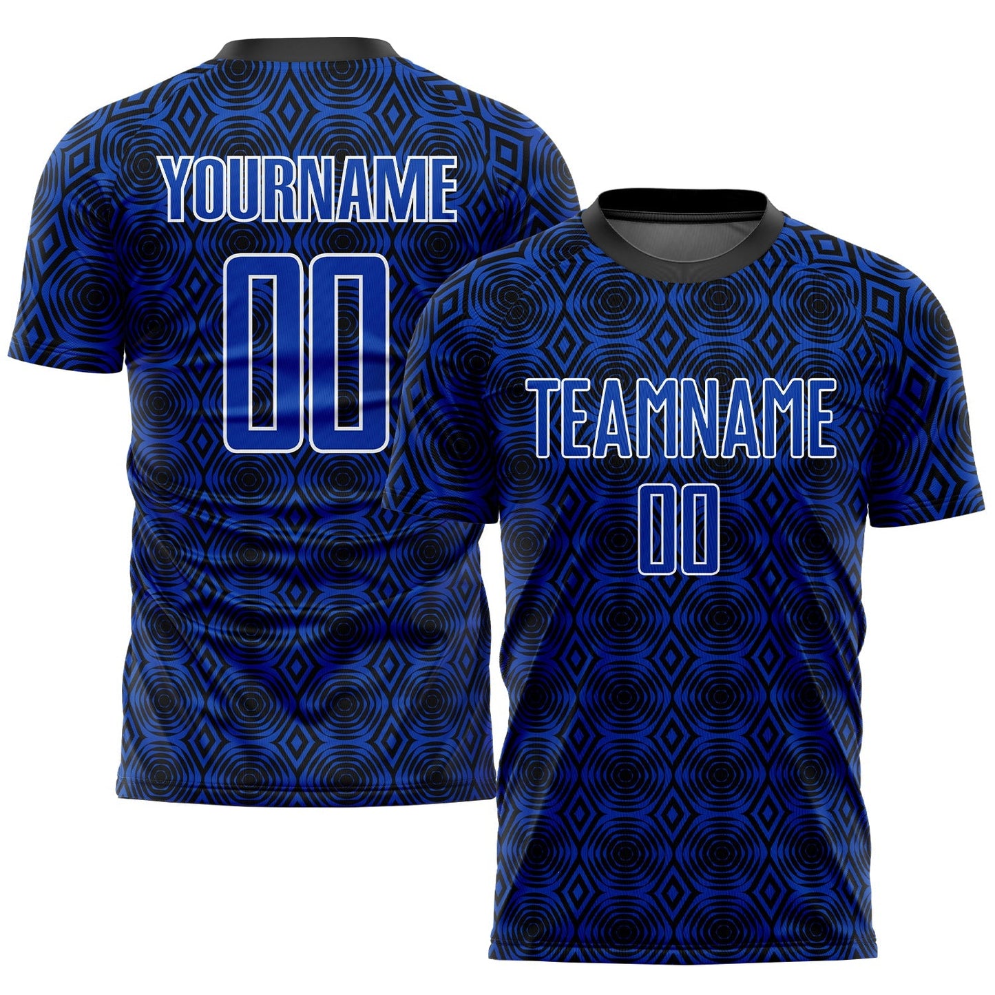 Maillot de football personnalisé avec des formes géométriques sublimées en bleu orage, blanc et noir