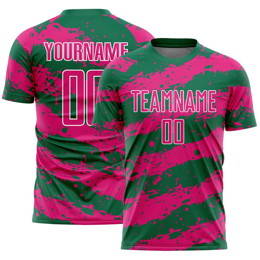 Maillot de football personnalisé Kelly Green par sublimation, rose vif et blanc