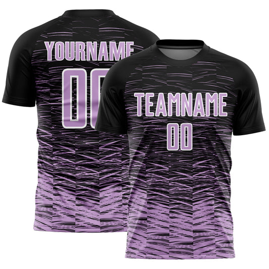 Maillot de football personnalisé avec des lignes sublimées en noir, violet clair et blanc