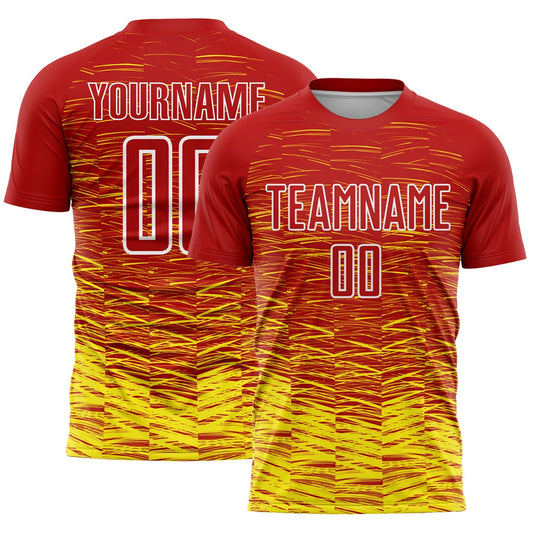 Maillot de football personnalisé avec rayures rouges, jaune clair et blanches sublimées