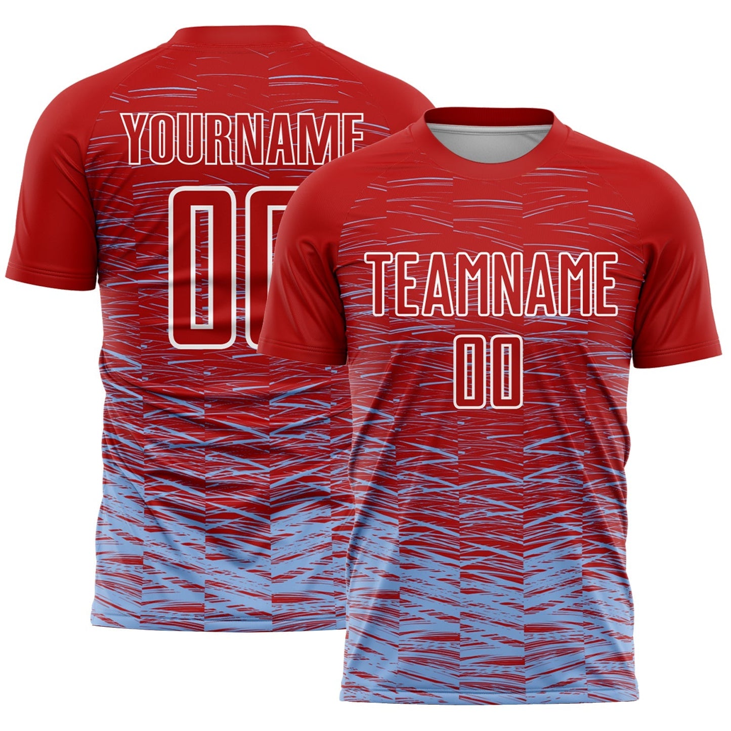 Maillot de football personnalisé avec rayures rouges, bleu clair et blanches sublimées