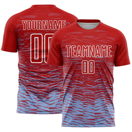 Maillot de football personnalisé avec rayures rouges, bleu clair et blanches sublimées