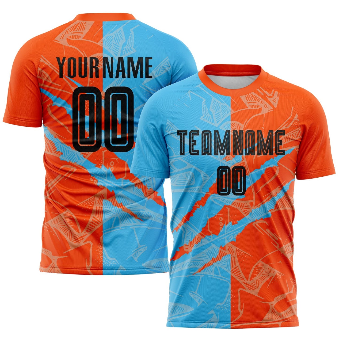 Maillot de football personnalisé avec imprimé graffiti, noir, bleu ciel et orange, pour sublimation par grattage