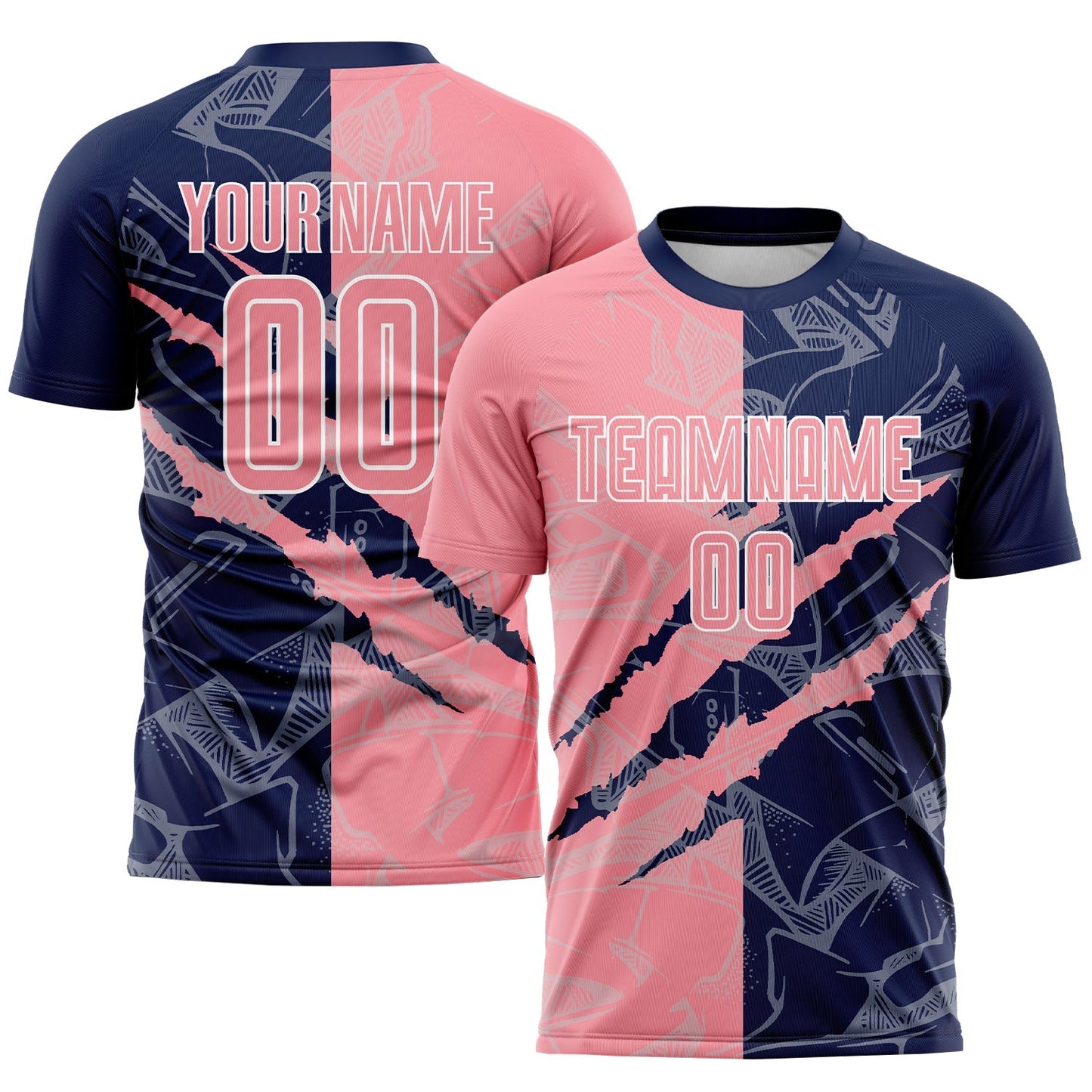 Maillot de football personnalisé avec imprimé graffiti, rose et bleu marine, à gratter et par sublimation