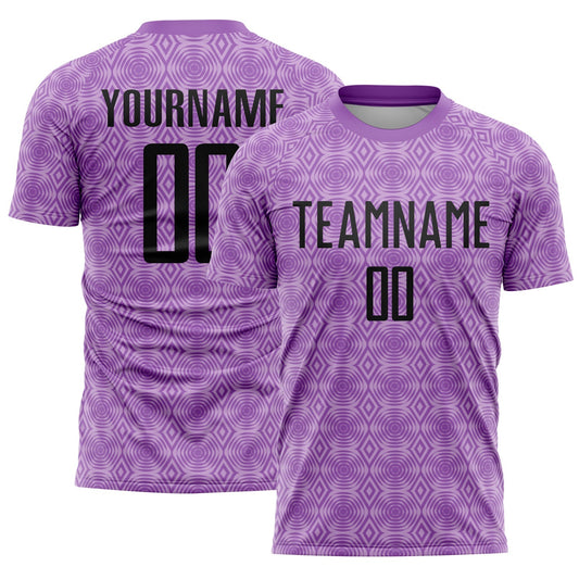 Maillot de football personnalisé avec des formes géométriques sublimées en violet moyen, noir et violet clair