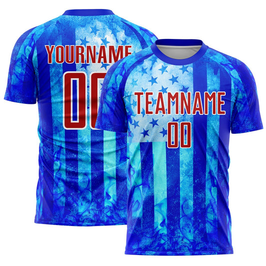 Maillot de football personnalisé avec flammes du drapeau américain sublimées, bleu orage, rouge et blanc