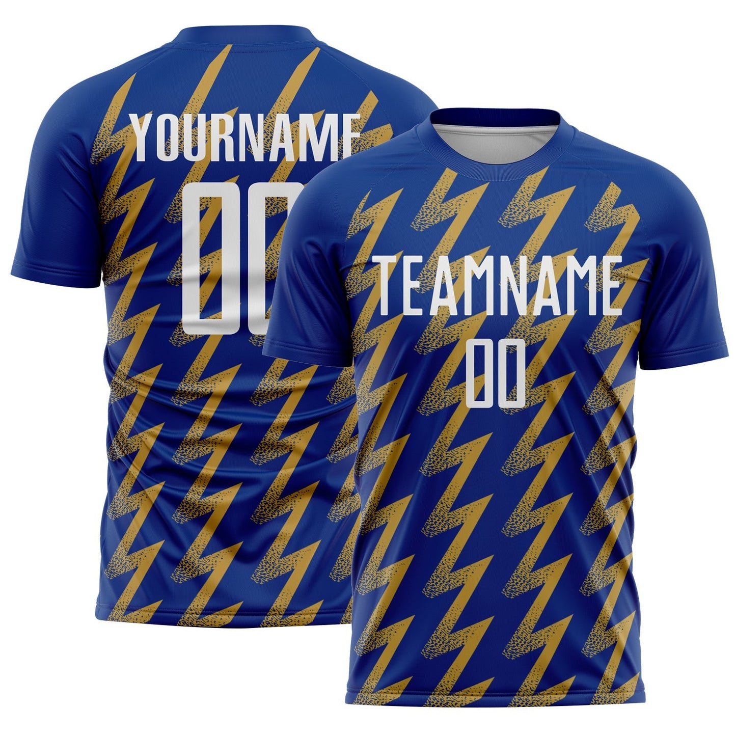 Maillot de football personnalisé avec sublimation en zigzag blanc royal et or antique