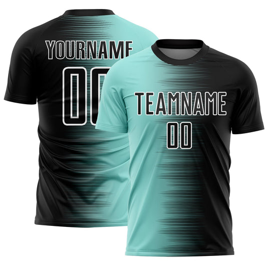 Maillot de football personnalisé avec des lignes dégradées sublimées bleu glacier et blanc, noir