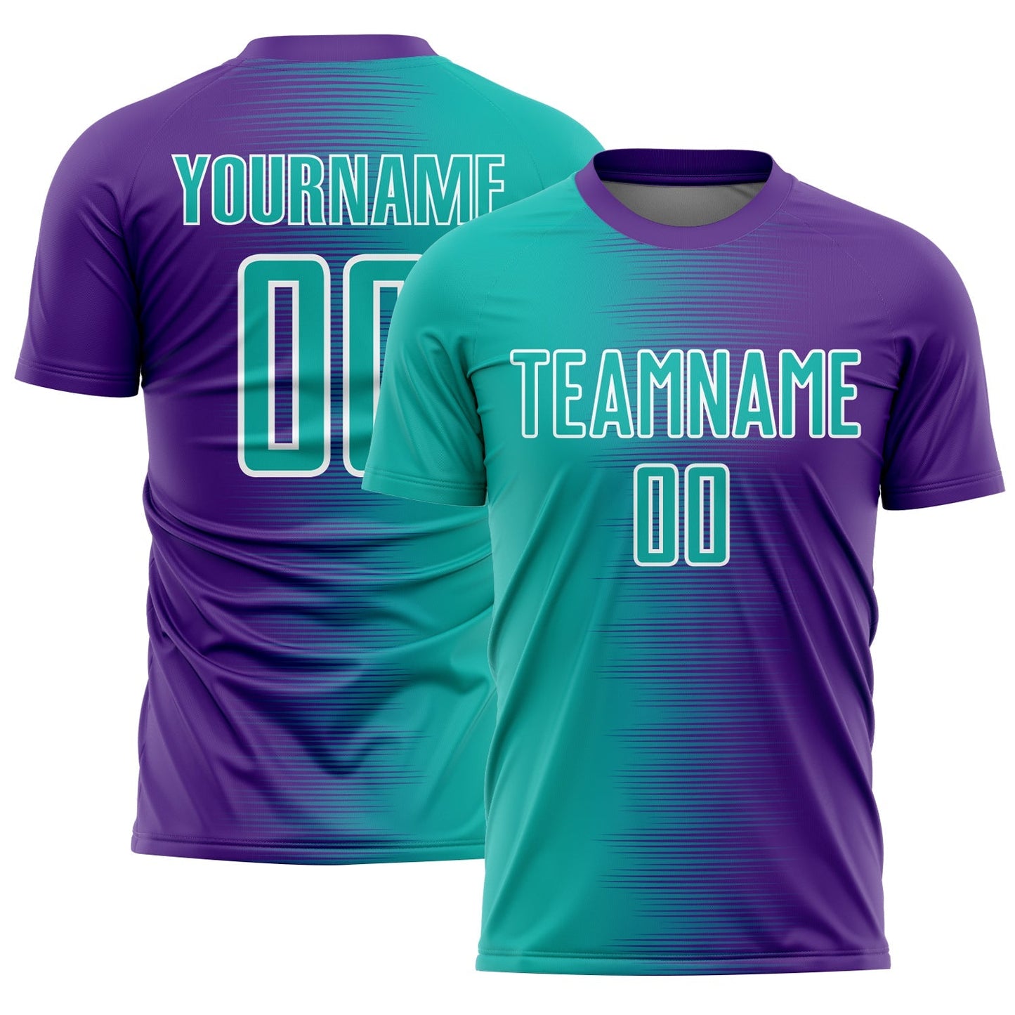 Maillot de football personnalisé avec des lignes dégradées sublimées violettes et blanches turquoise