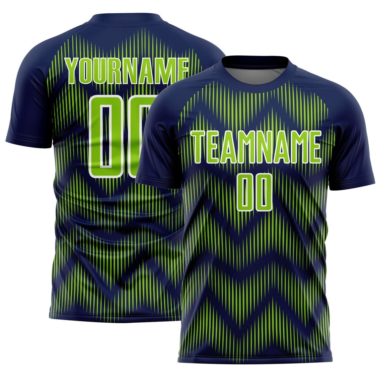 Maillot de football personnalisé avec des lignes vert fluo et bleu marine sublimées
