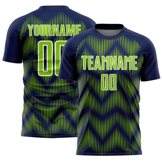 Maillot de football personnalisé avec des lignes vert fluo et bleu marine sublimées