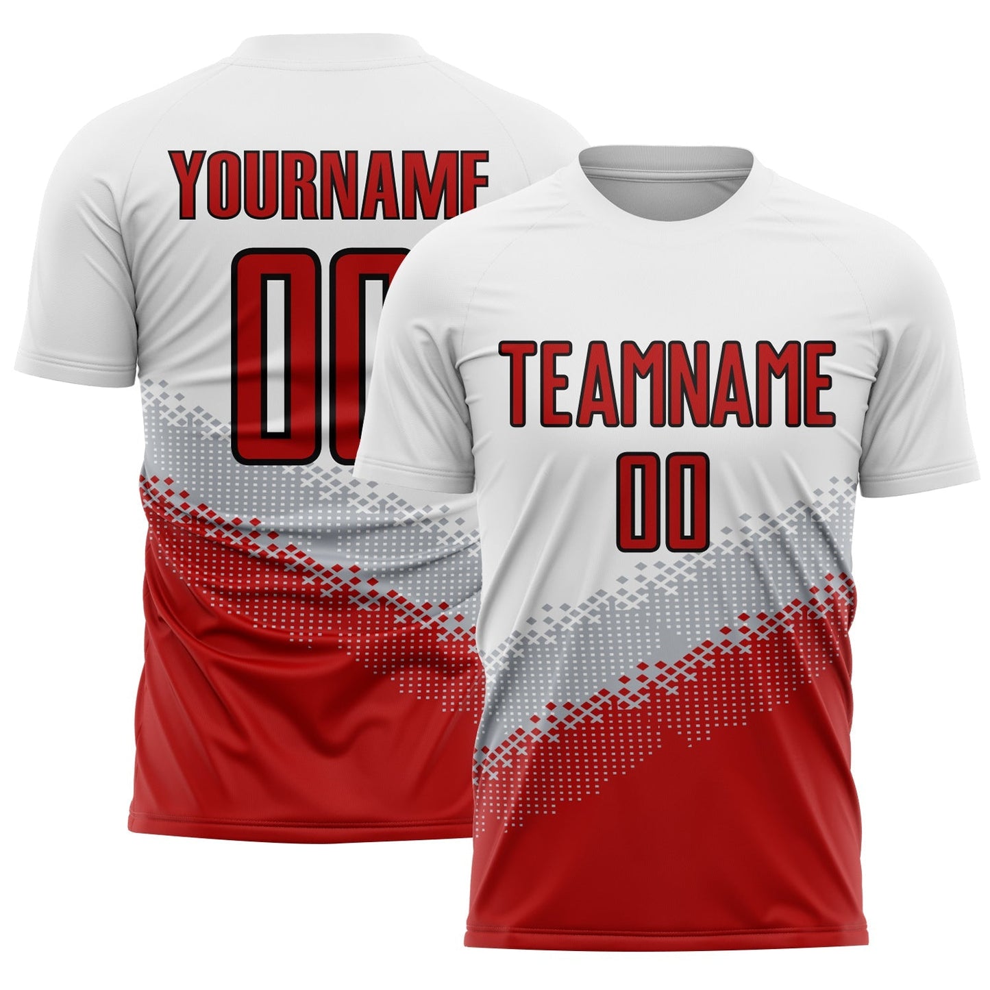 Maillot de football personnalisé avec des formes géométriques sublimées en dégradé blanc, rouge, gris et noir