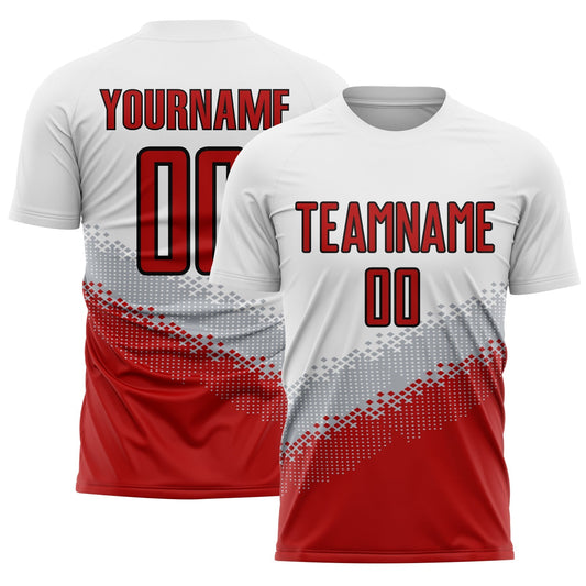 Maillot de football personnalisé avec des formes géométriques sublimées en dégradé blanc, rouge, gris et noir