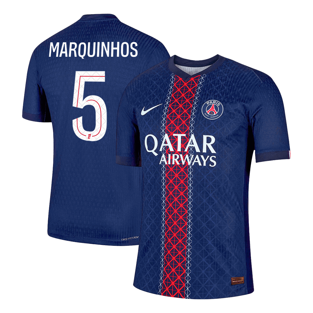 Maillot domicile PSG 2025/26 bleu marine, version joueur MARQUINHOS n°5